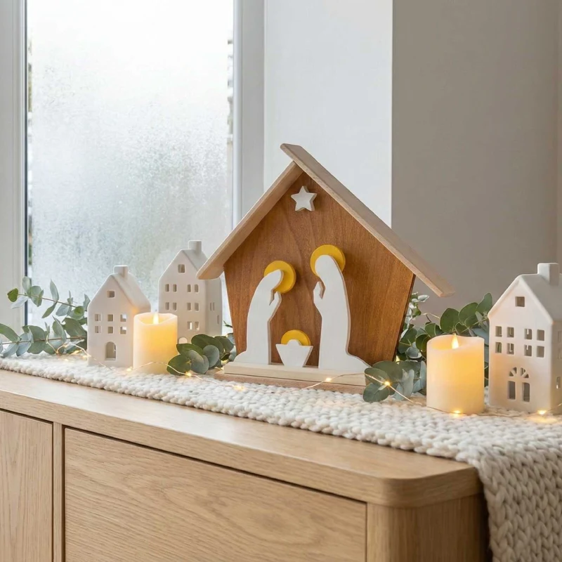 Crèche de Noël en bois artisanale massif – Image 2