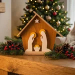 Creche de Noel artisanale en bois style epure avec silhouettes de la Sainte Famille et decoration de pin sur cheminee
