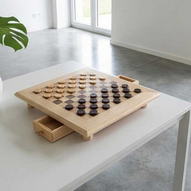 Jeu de dames artisanal en bois massif sur pieds - Marqueterie frêne et noyer – Image 2