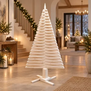 Sapin de Noël en bois 2m50 décoré dans un grand salon chaleureux