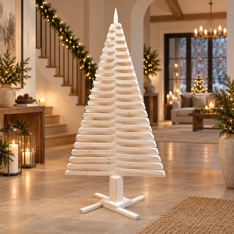 Sapin de Noël en bois 2m50 décoré dans un grand salon chaleureux