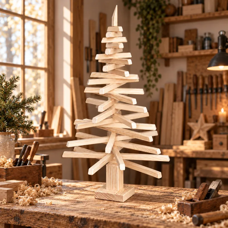 Sapin de Noël en bois 92 cm présenté dans un atelier d’ébénisterie