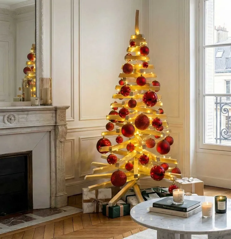 Sapin de Noël en bois de 1,60 m décoré dans un intérieur