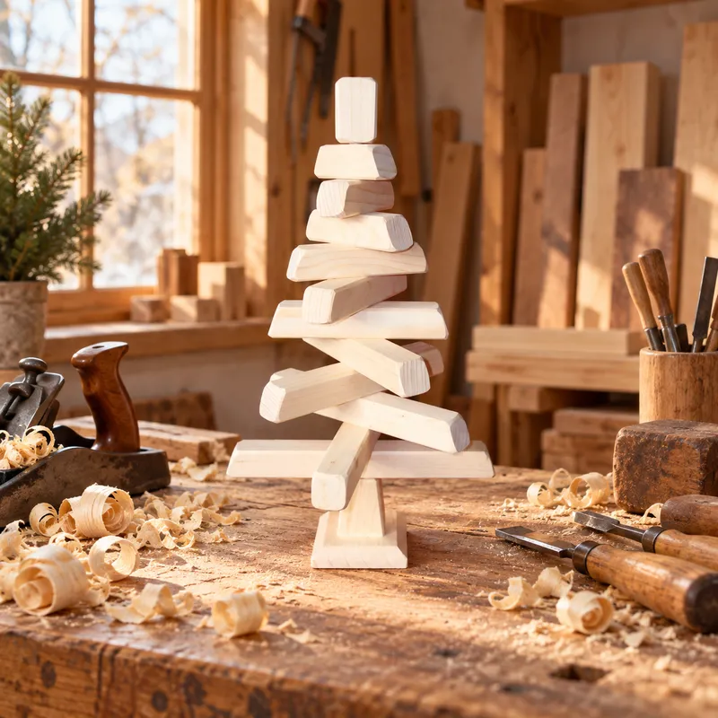 Sapin de Noël en bois 40 cm présenté dans un atelier d’ébénisterie