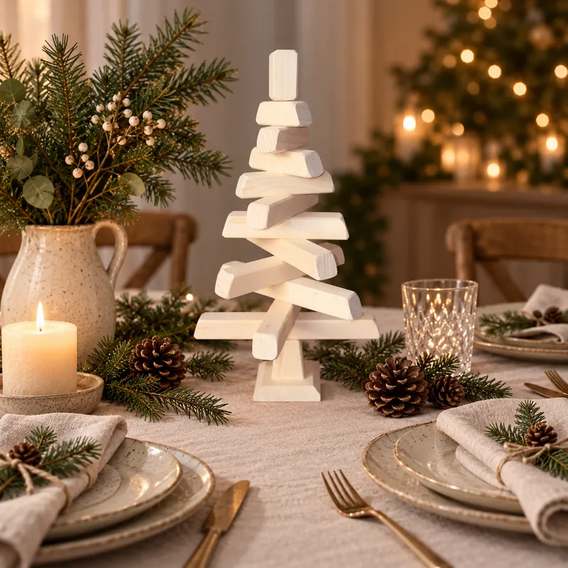 Sapin de Noël en bois 40 cm utilisé comme centre de table
