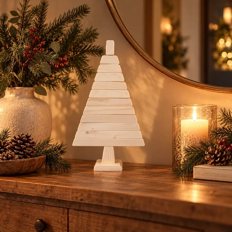 Sapin de Noël en bois 40 cm dans un intérieur chaleureux