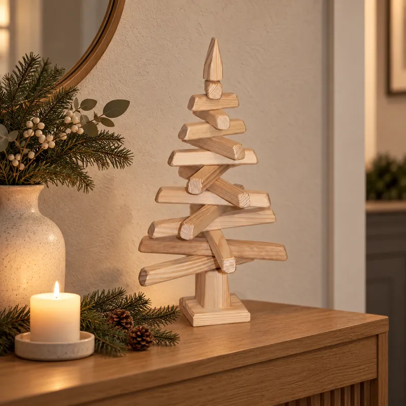 Sapin de Noël en bois 50 cm dans une ambiance de Noël chaleureuse