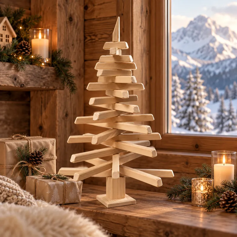 Sapin de Noël en bois 70 cm dans une ambiance chalet de montagne