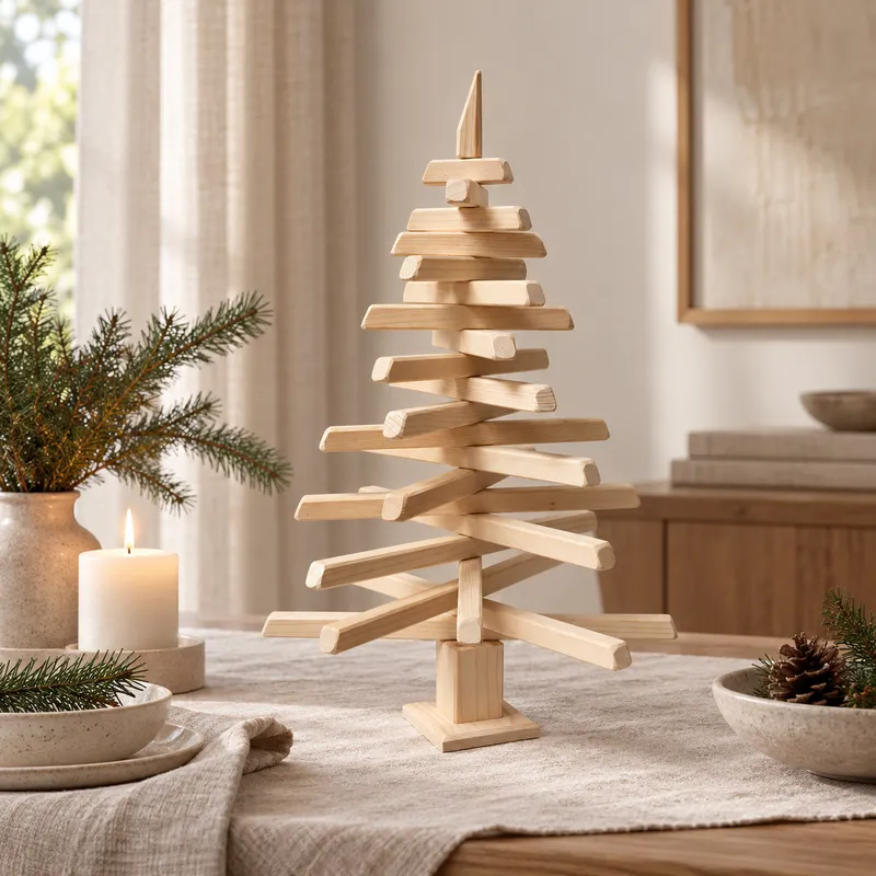 Sapin de Noël en bois 70 cm dans un intérieur décoré pour Noël