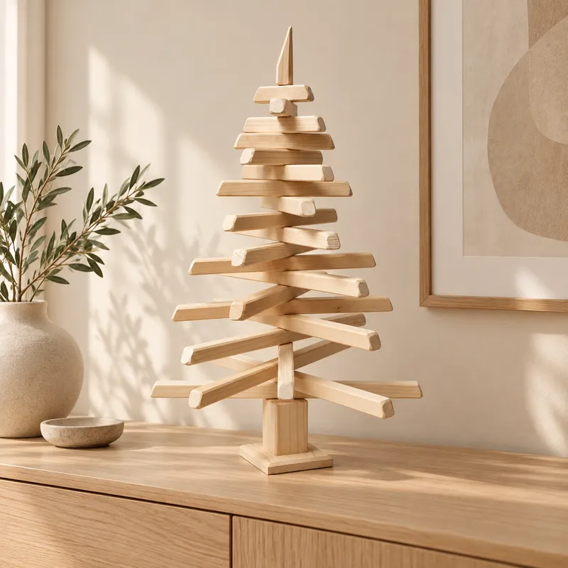 Sapin de Noël en bois 70 cm dans un intérieur sobre et lumineux