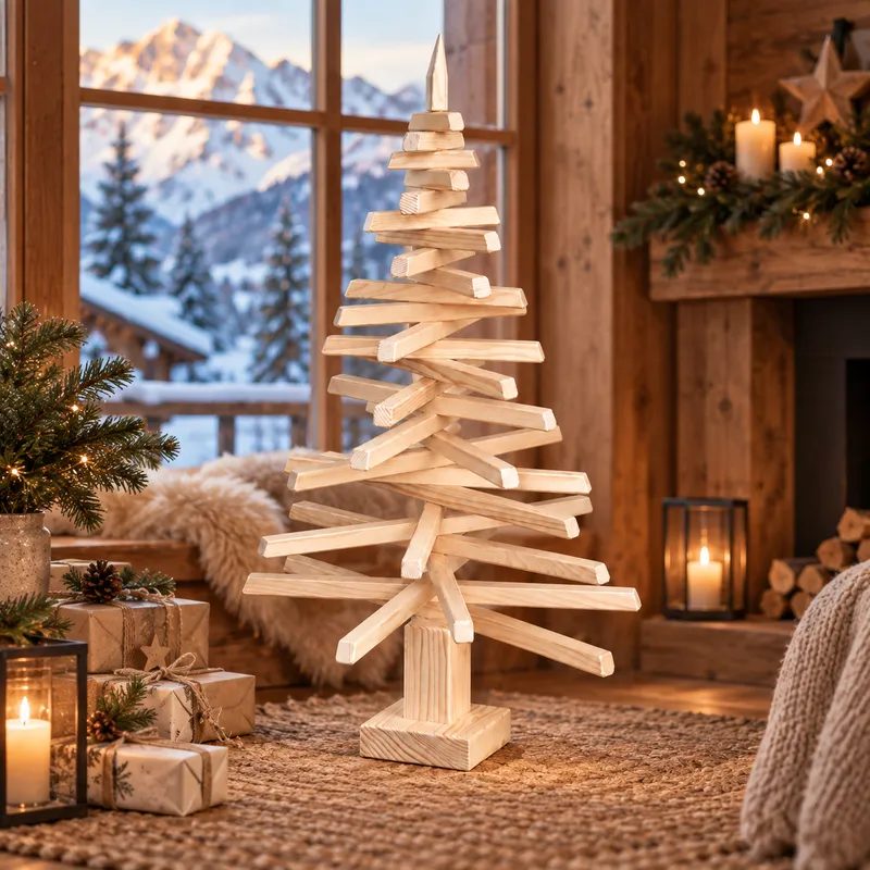 Sapin de Noël en bois 92 cm dans une ambiance chalet de montagne