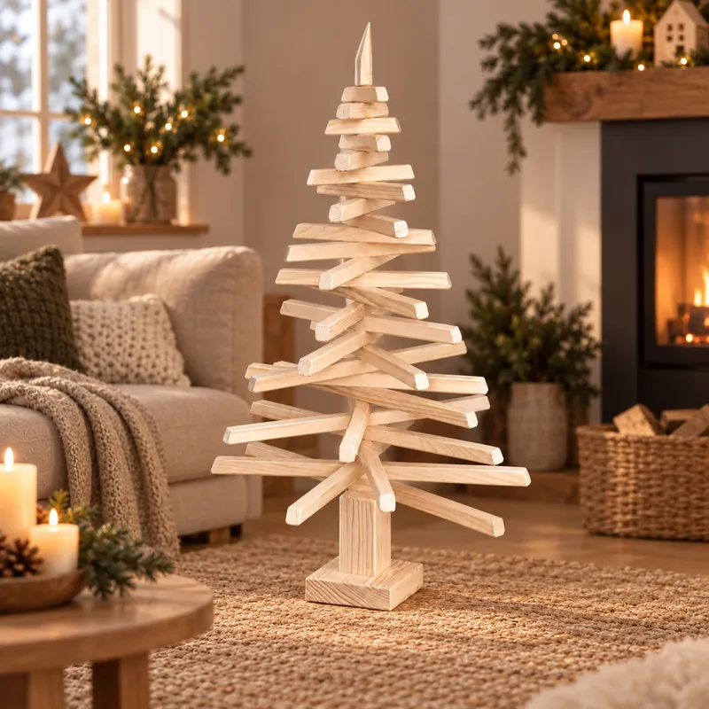 Sapin de Noël en bois 92 cm dans un intérieur décoré pour Noël