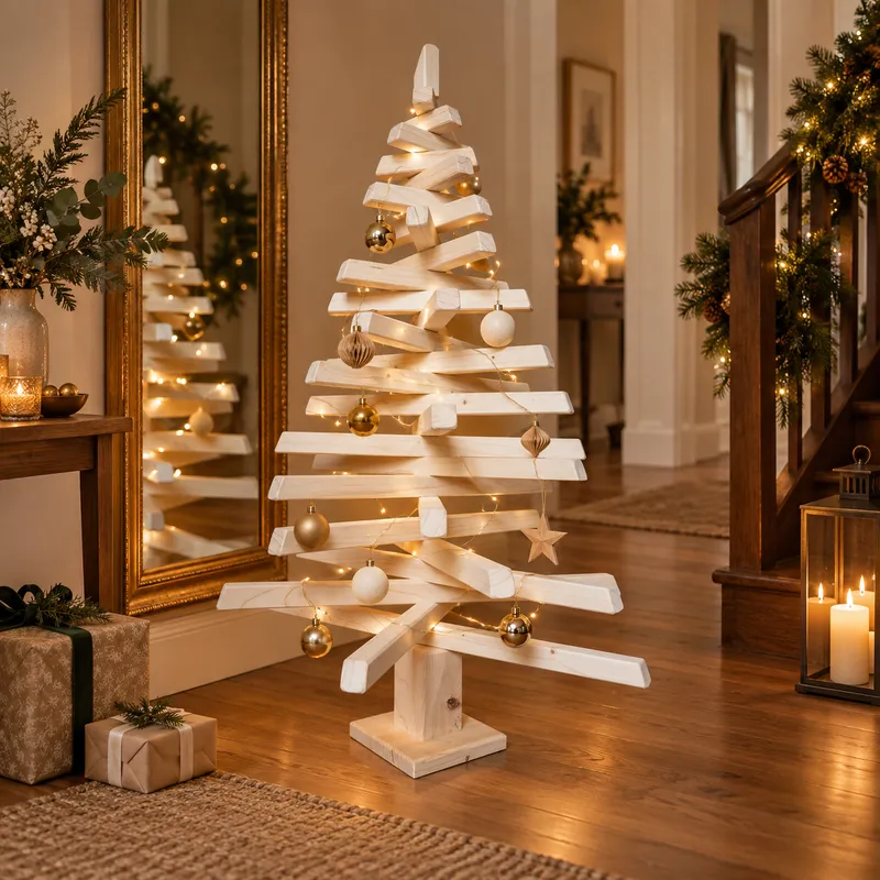 Sapin de Noël en bois 124 cm décoré dans une ambiance de Noël chaleureuse
