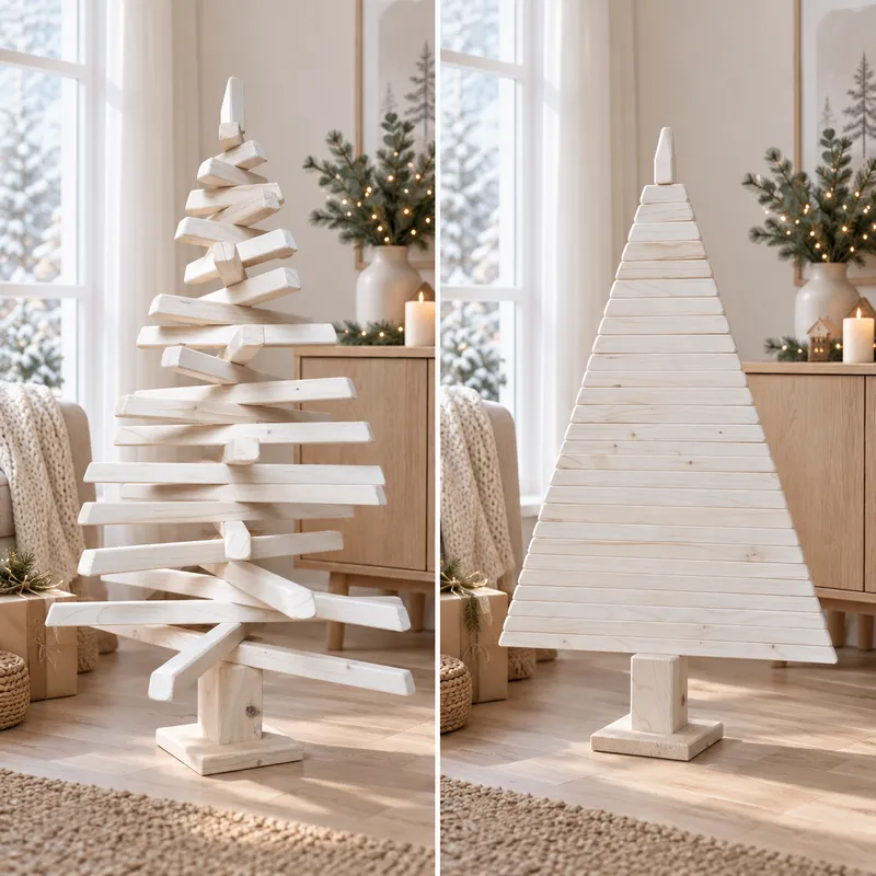 Sapin de Noël en bois de 124 cm installé dans un intérieur lumineux