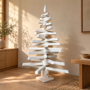 Sapin de Noël en bois artisanal de 124 cm, modèle naturel démontable