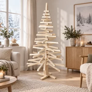 Sapin de Noël en bois 2 m présenté dans un salon lumineux
