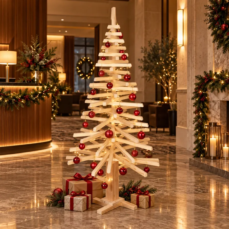 Sapin de Noël en bois 2 m décoré dans un hall chaleureux