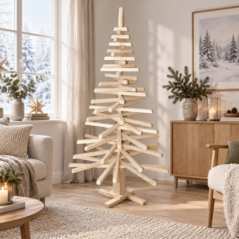 Sapin de Noël en bois 2 m présenté dans un salon lumineux