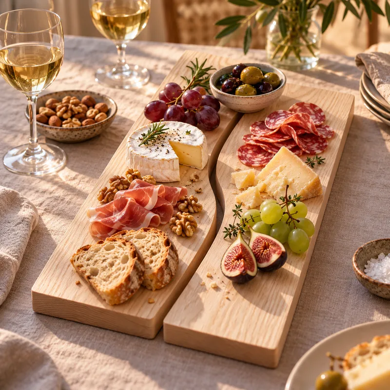 Duo de planches apéritives Les Inséparables garni de fromages, charcuterie, raisins et pain pour un apéro convivial