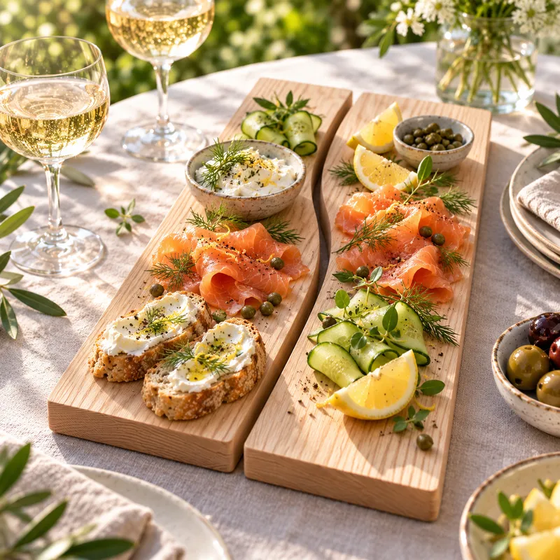 Duo de planches apéro en frêne Les Inséparables avec saumon fumé, citron, concombre et tartines