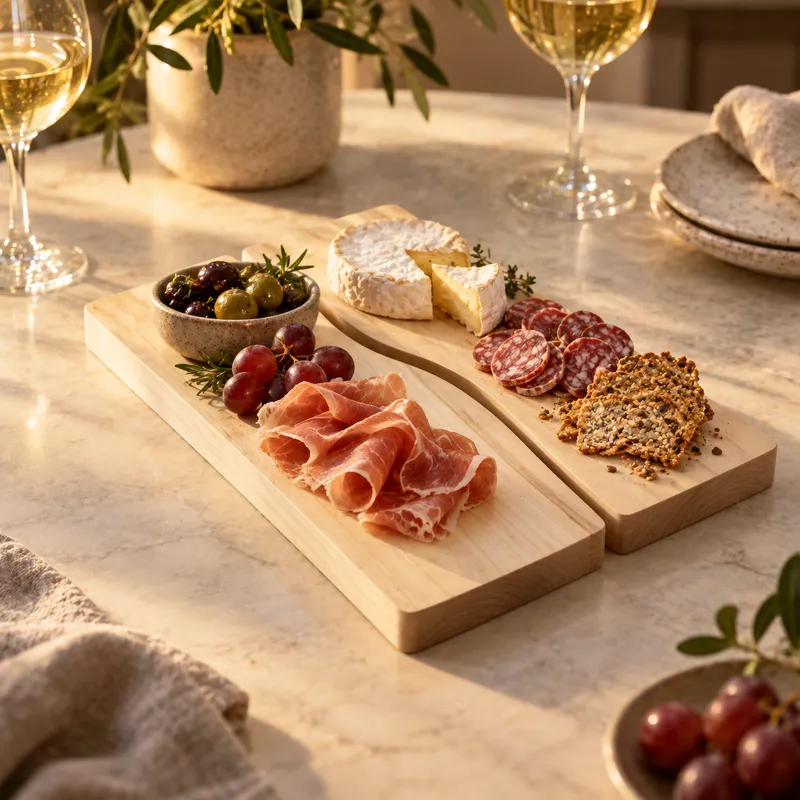 Duo de planches apéro en érable garni de fromage, olives, raisins et charcuterie