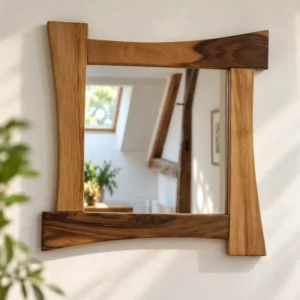Miroir design carré en noyer massif clair et foncé, cadre asymétrique de 60 × 60 cm