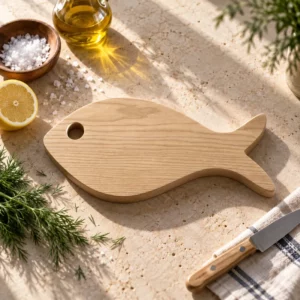 Planche à découper poisson en bois massif naturel, présentée avec citron, herbes fraîches et couteau.