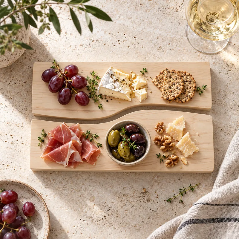 Deux planches apéritives en érable clair montrant leur grain fin et leurs bords arrondis