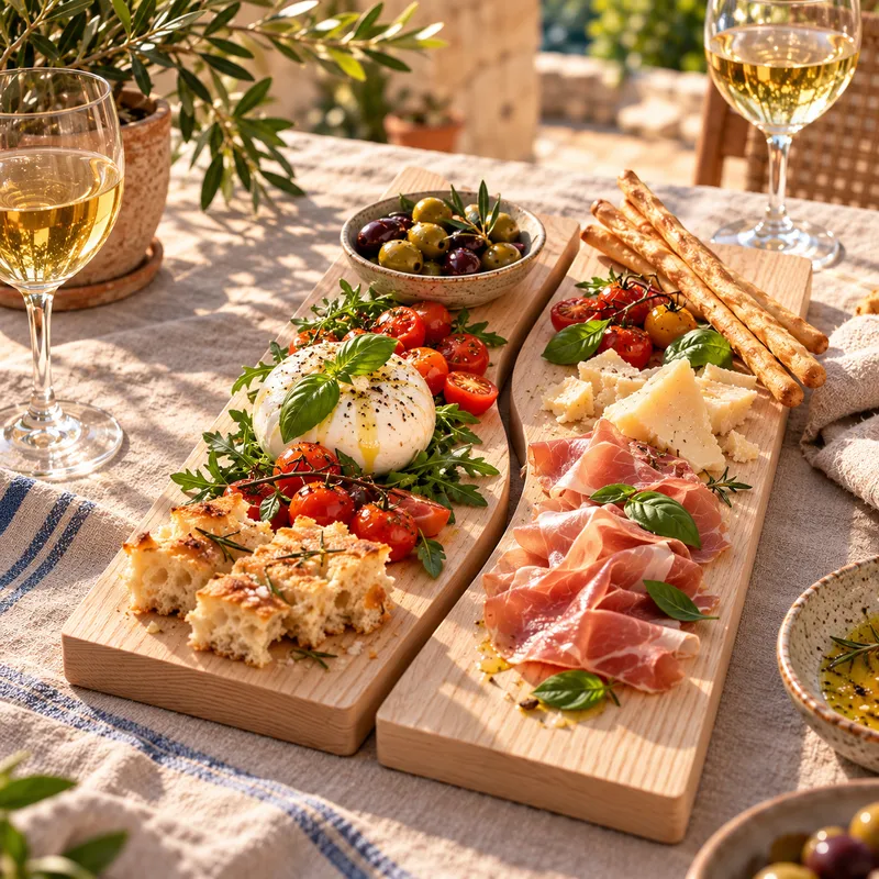 Planches apéro Les Inséparables en frêne massif avec burrata, tomates cerises, basilic et jambon cru