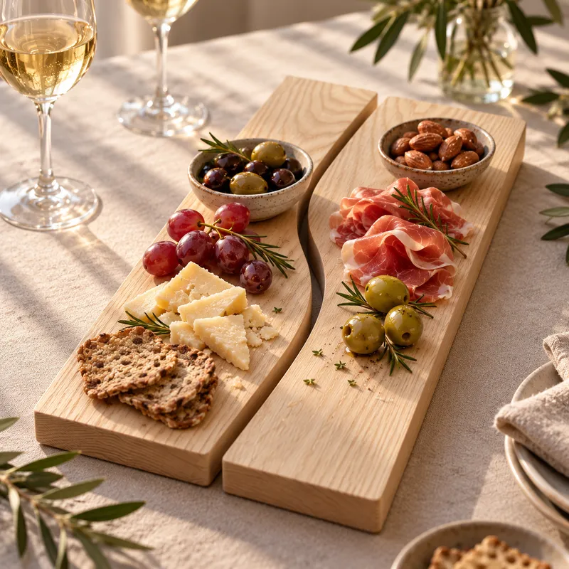 Les Inséparables, duo de planches apéritives design en bois avec olives, jambon cru, fromage et raisins