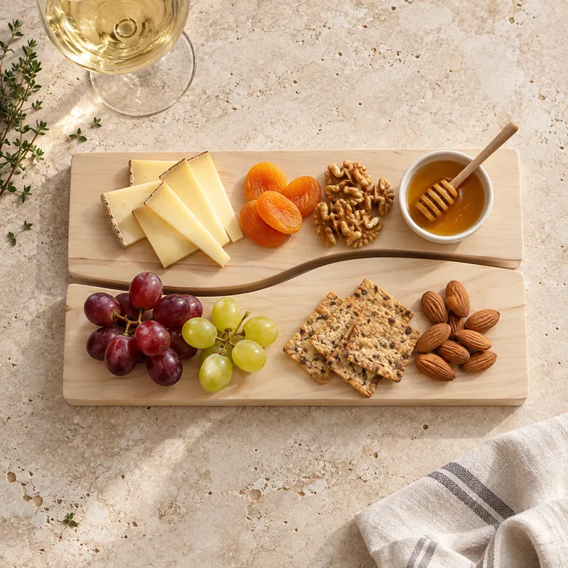 Planches apéritives en érable massif avec fromage, miel, raisins, noix et fruits secs